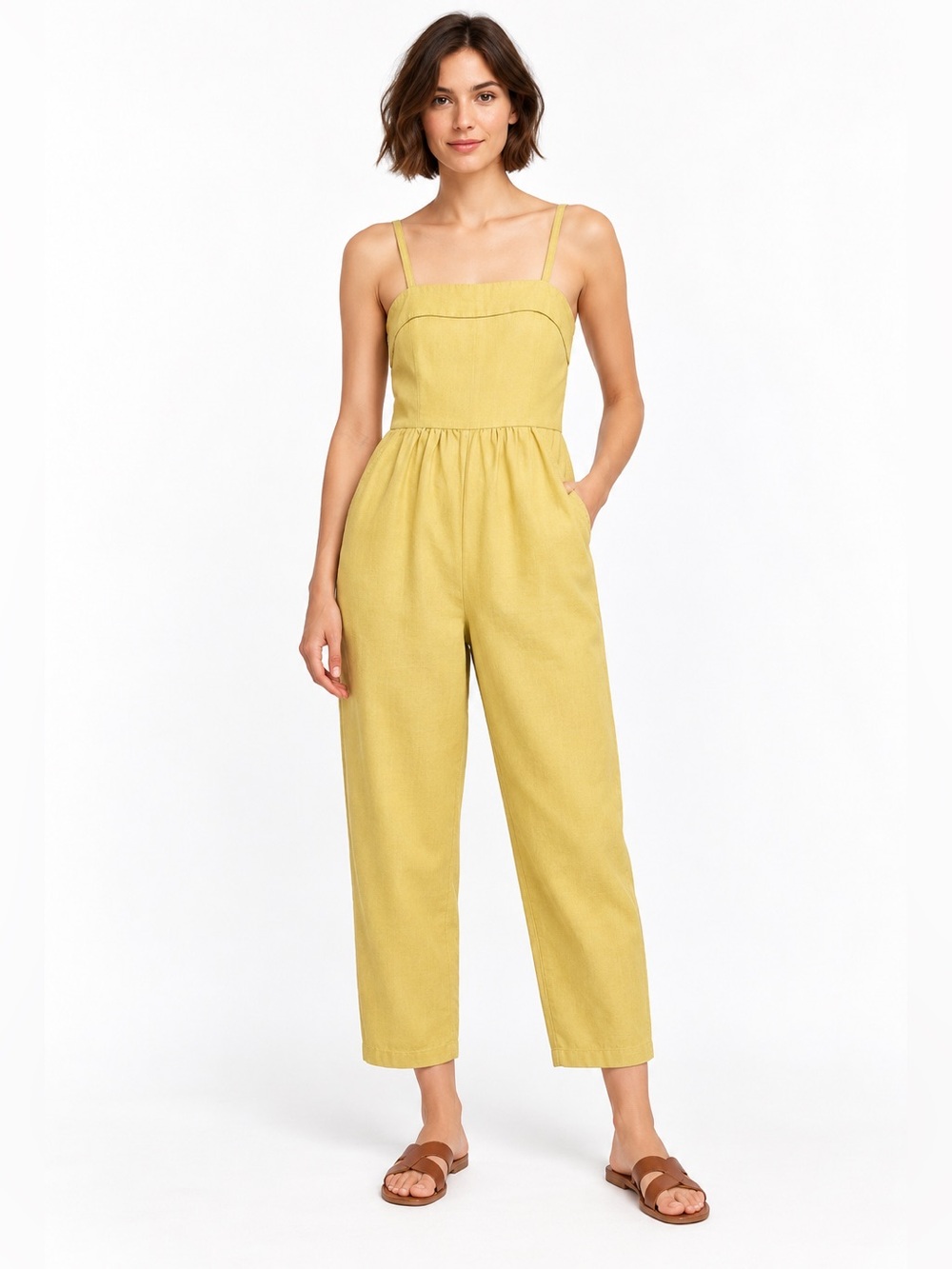 ANTHROPOLOGIE Postmark Jumpsuit Muted Mustard Yellow Cotton Lyocell Linen M